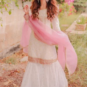 Off-White Flared Gharara 3 Piece Festive Party Wear Suit – Chiffon Shirt & Slub Khaddar Trouser with Dupatta (FNL6295)