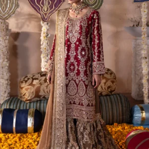 Red Straight Leg Gharara 3PC Chiffon Festive Set