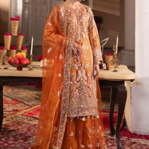 Orange Flared Sharara 4PC Net Long Shirt Festive Set