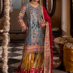 Teal Flared Gharara 3PC Chiffon Kurti Festive Set