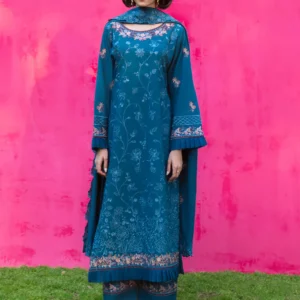 Steel Blue Lawn Kurta 3PC Embroidered Summer Set