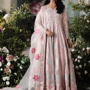 Blush Pink Chiffon Maxi Dress with Straight Trouser – 3 Piece Embroidered Formal Wear with Net Dupatta | Wedding Guest Outfit (YDQ7464)