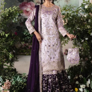 Purple Ash Gharara Set with Potli – Flared Charmuse Gharara Kurti with Net Dupatta | 4 Piece Wedding & Formal Wear (DOM4488)