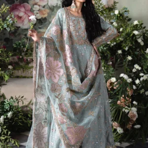 Ice Blue Net Maxi Dress with Straight Trouser – 3 Piece Formal Wedding Wear with Net Dupatta | Elegant Straight Cut Maxi (TWW1237)