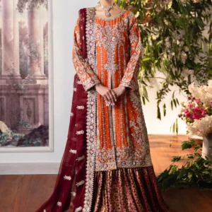 Pumpkin Orange Banarasi Gharara Set for Women – Flared Gharara Kurti with Net Dupatta | Wedding & Formal Guest Wear (3 Piece UIY4968)