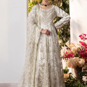 Ivory Chiffon Wedding Dress 3 Piece Set with Gold Embroidery – Straight Maxi, Chiffon Dupatta & Trouser Formal Wear