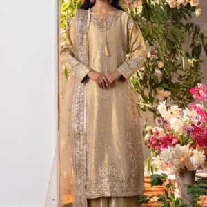 Beige Chiffon 3 Piece Formal Suit – Straight Cut Kurta with Palazzo Pants & Embroidered Dupatta | Women Wedding Guest Dress