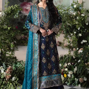 Navy Blue Chiffon 3 Piece Formal Suit – Straight Cut Kurta with Palazzo Pants & Embroidered Dupatta | Women Wedding Guest Dress