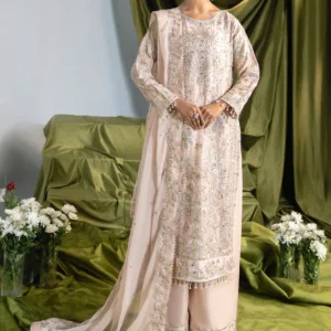 Cream 3 Piece Wedding Formal Dress – Straight Cut Kurta with Flapper Pants & Chiffon Dupatta | Embroidered Charmuse Outfit for Women