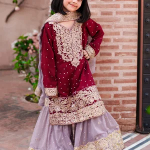 Maroon 3 Piece Embroidered Gharara Dress with Chiffon Dupatta – Flared Gharara Wedding Guest Formal Wear (JTF5536)