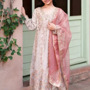 Beige Ivory 3 Piece Embroidered Pishwas Dress with Organza Dupatta – Straight Trouser Formal Wedding Guest Wear (BPA3941)