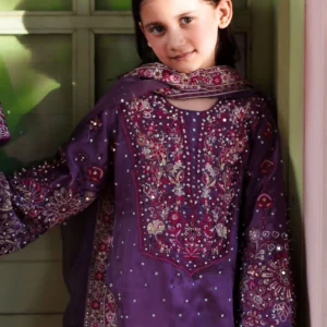 Elegant Purple 3 Piece Wedding Guest Dress with Organza Dupatta – Embroidered Straight Kurta & Farshi Shalwar Formal Wear (UHX8028)