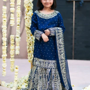 Navy Blue Chiffon Gharara 3 Piece Dress – Embellished Shirt with Flared Gharara & Chiffon Dupatta | Wedding Guest Formal Wear DQM0955