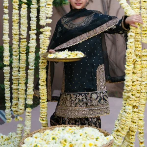 Black Silk Lehenga Choli 3 Piece Set – Embroidered Kurti with Multi-Layer Lehenga & Organza Dupatta | Festive Party Wear VWT6338