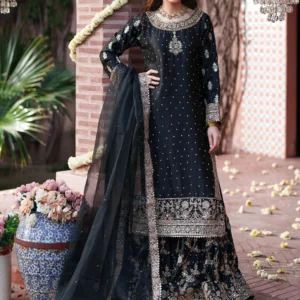 Black 3 Piece Flared Lehenga Festive & Party Wear Outfit – Silk Kurti Top, Flared Lehenga & Organza Dupatta (Product ID: HXL1576)