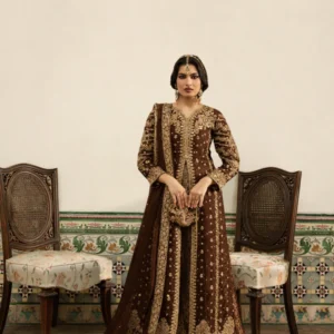 Chocolate Brown 4 Piece Flared Lehenga Wedding & Guest Wear Dress Set – Top, Flared Lehenga, Dupatta & Potli Bag (Product ID: TAK3534)