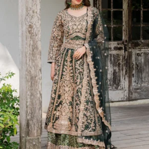 Emerald Green Chiffon Straight Cut Maxi 3 Piece Suit – Gold Embroidered Wedding & Formal Guest Wear with Dupatta (CCL4825)
