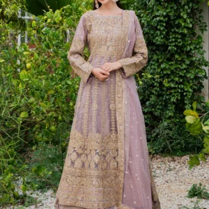 Mauve Chiffon Straight Cut Maxi 3 Piece Suit – Embroidered Wedding & Formal Guest Wear with Dupatta (IEI6348)