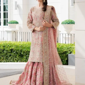 Blush Pink Flared Gharara Set 3 Piece – Embroidered Wedding & Formal Guest Wear (JMP2038)
