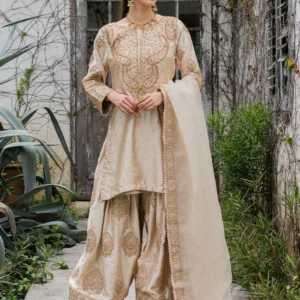 Beige Charmuse Short Kurta Suit with Farshi Bottom & Sheer Dupatta – Elegant Wedding Guest Wear 3 Piece Dress (XRD5450)