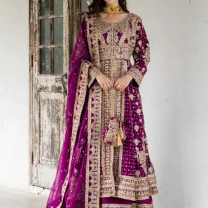 Plum Chiffon Straight Cut Maxi Suit with Dupatta & Potli – Formal Wedding Guest Wear 4 Piece Set (WRE0211)
