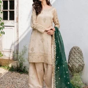 Elegant Beige 3 Piece Formal Dress with Emerald Dupatta – Short Kurta Charmuse Wedding & Guest Wear (TSS5385)