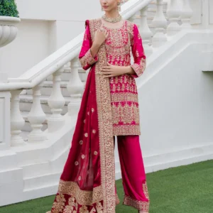 Fuchsia Charmuse Short Kurta Suit with Straight Trouser & Embellished Dupatta – Festive Party Wear 3 Piece Dress (SWB6073)