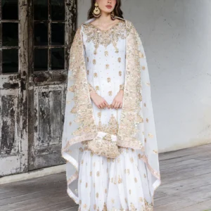 Ivory Chiffon Kurti Gharara Set with Organza Dupatta – Luxury Festive Party Wear 4 Piece Suit (NXF4185)