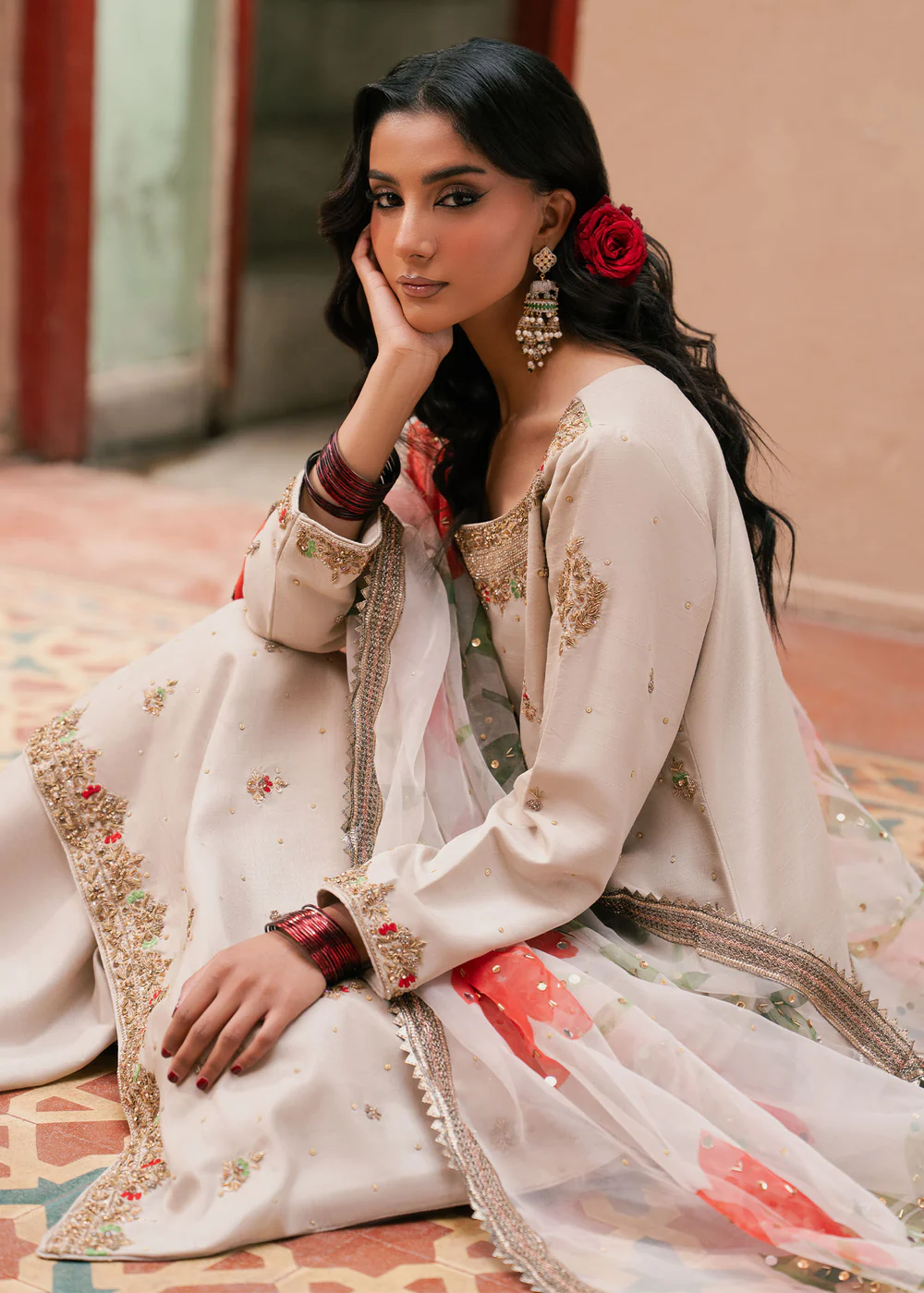 Ivory Floral Embroidered Chiffon 3Pc Formal Suit - Image 6
