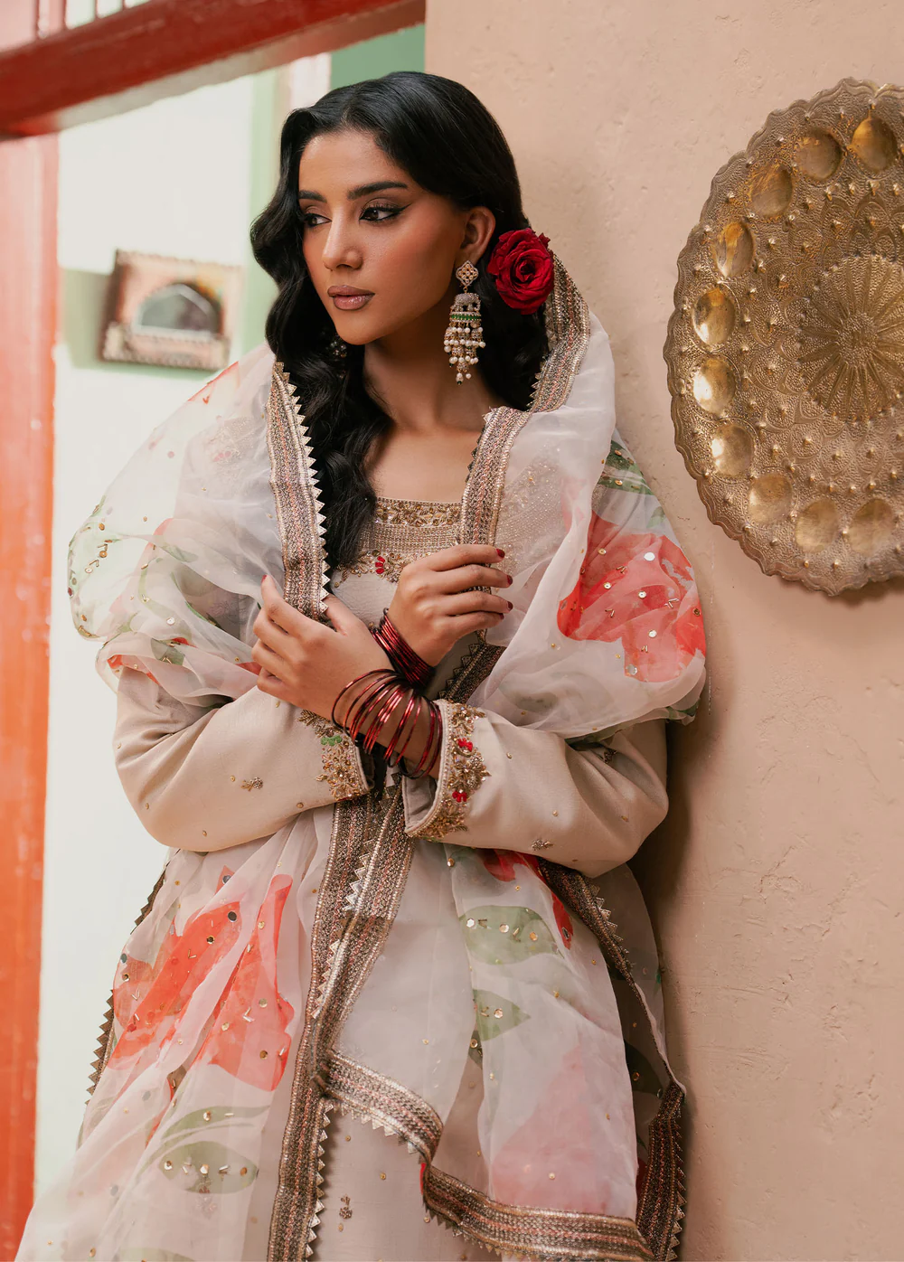 Ivory Floral Embroidered Chiffon 3Pc Formal Suit - Image 9