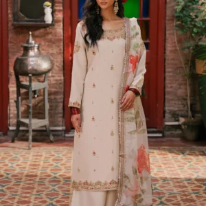 Ivory Floral Embroidered Chiffon 3Pc Formal Suit