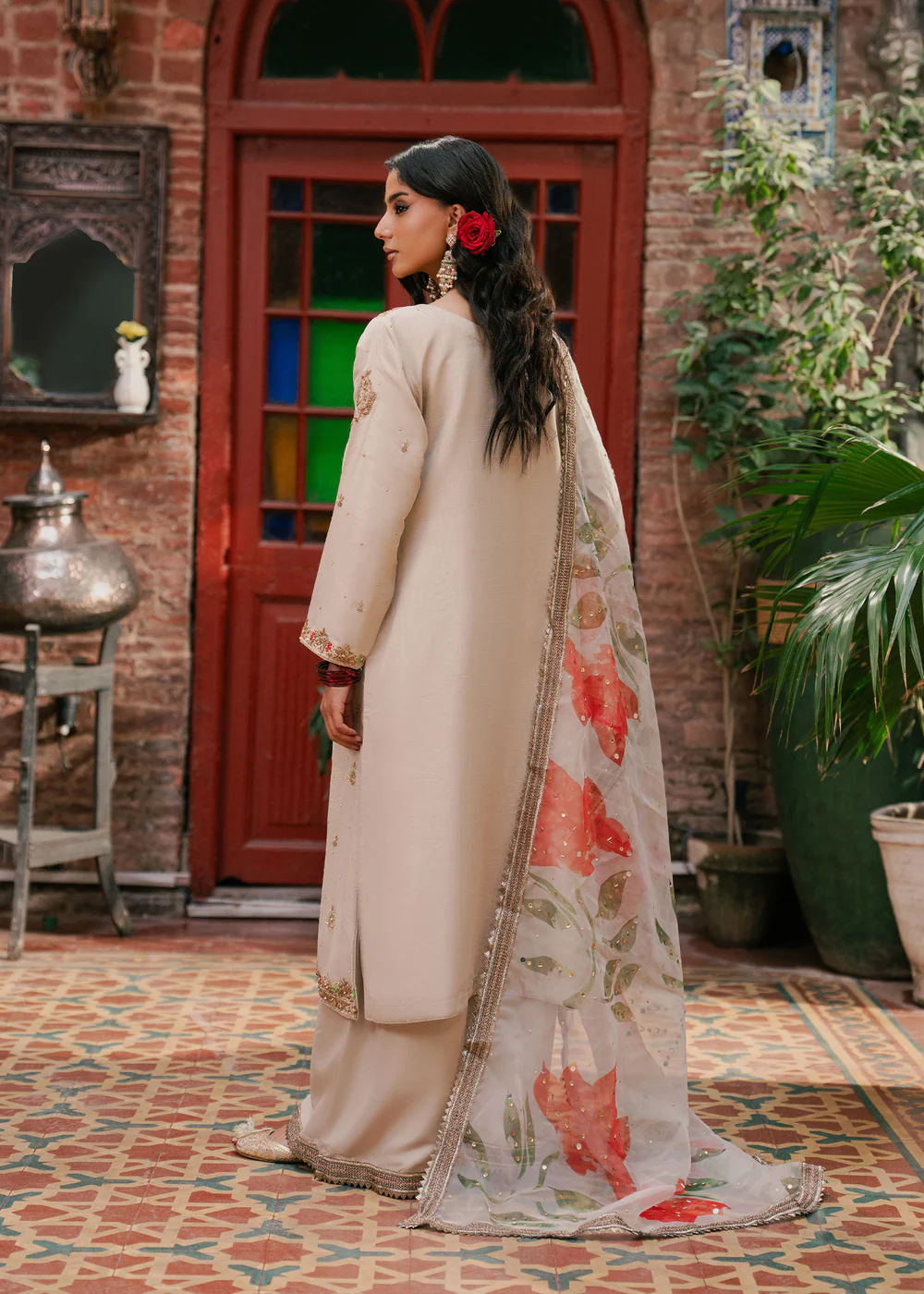 Ivory Floral Embroidered Chiffon 3Pc Formal Suit - Image 10