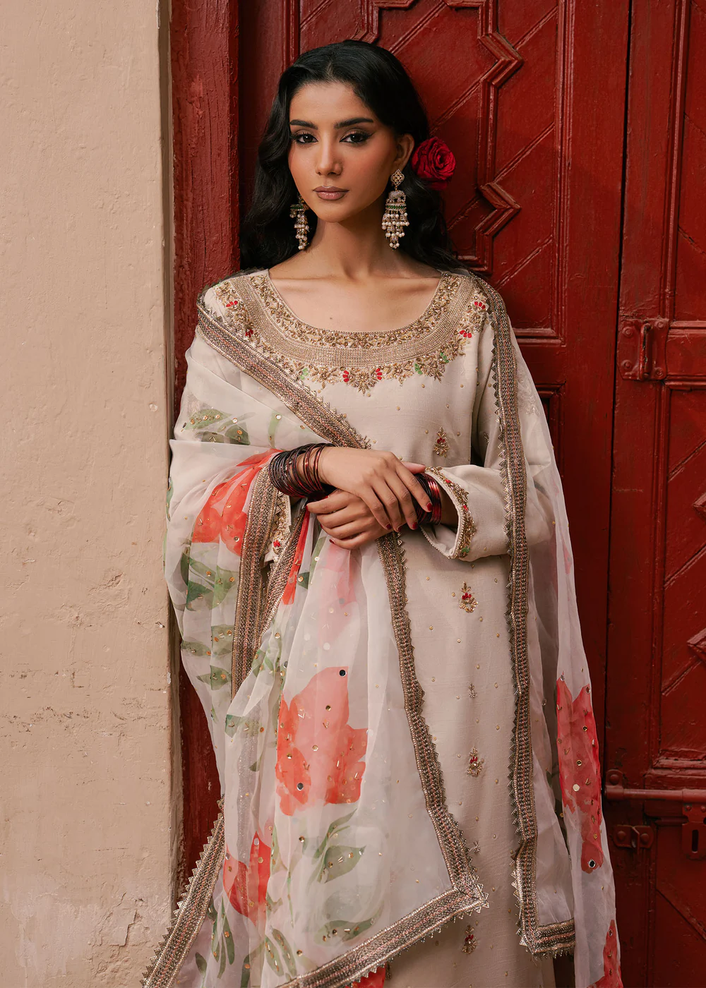Ivory Floral Embroidered Chiffon 3Pc Formal Suit - Image 7
