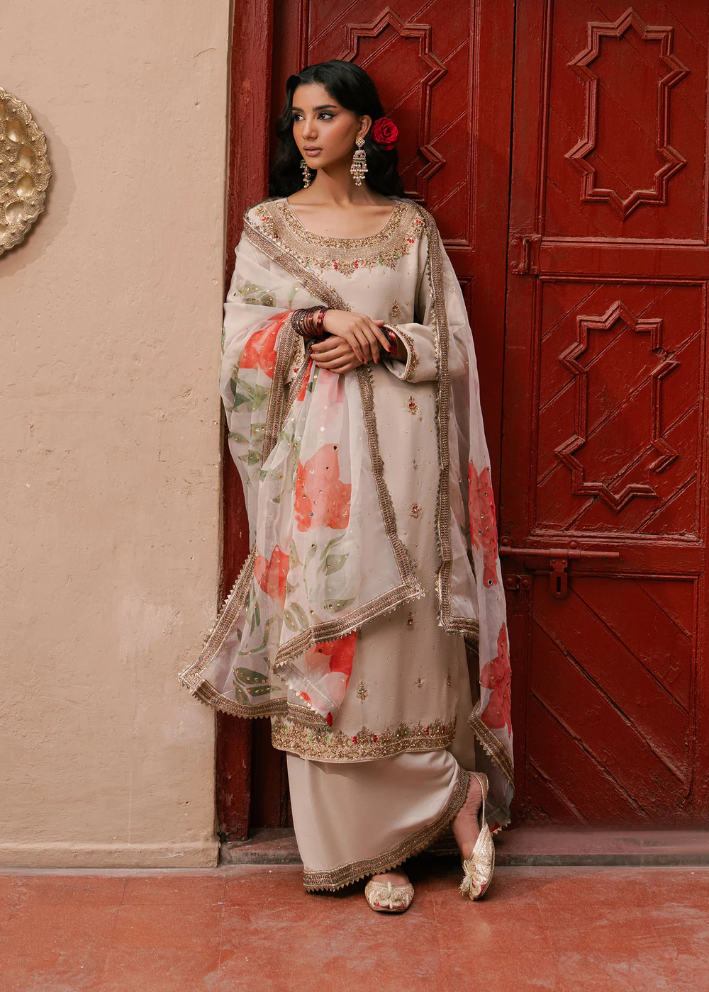 Ivory Floral Embroidered Chiffon 3Pc Formal Suit - Image 8
