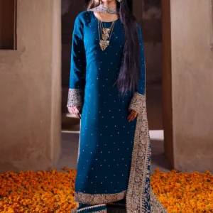 Cobalt Blue Embroidered Chiffon 3Pc Formal Suit