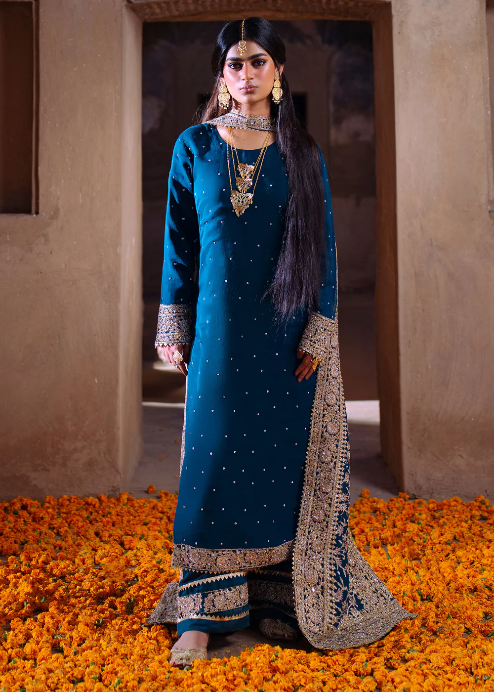 Cobalt Blue Embroidered Chiffon 3Pc Formal Suit - Image 11