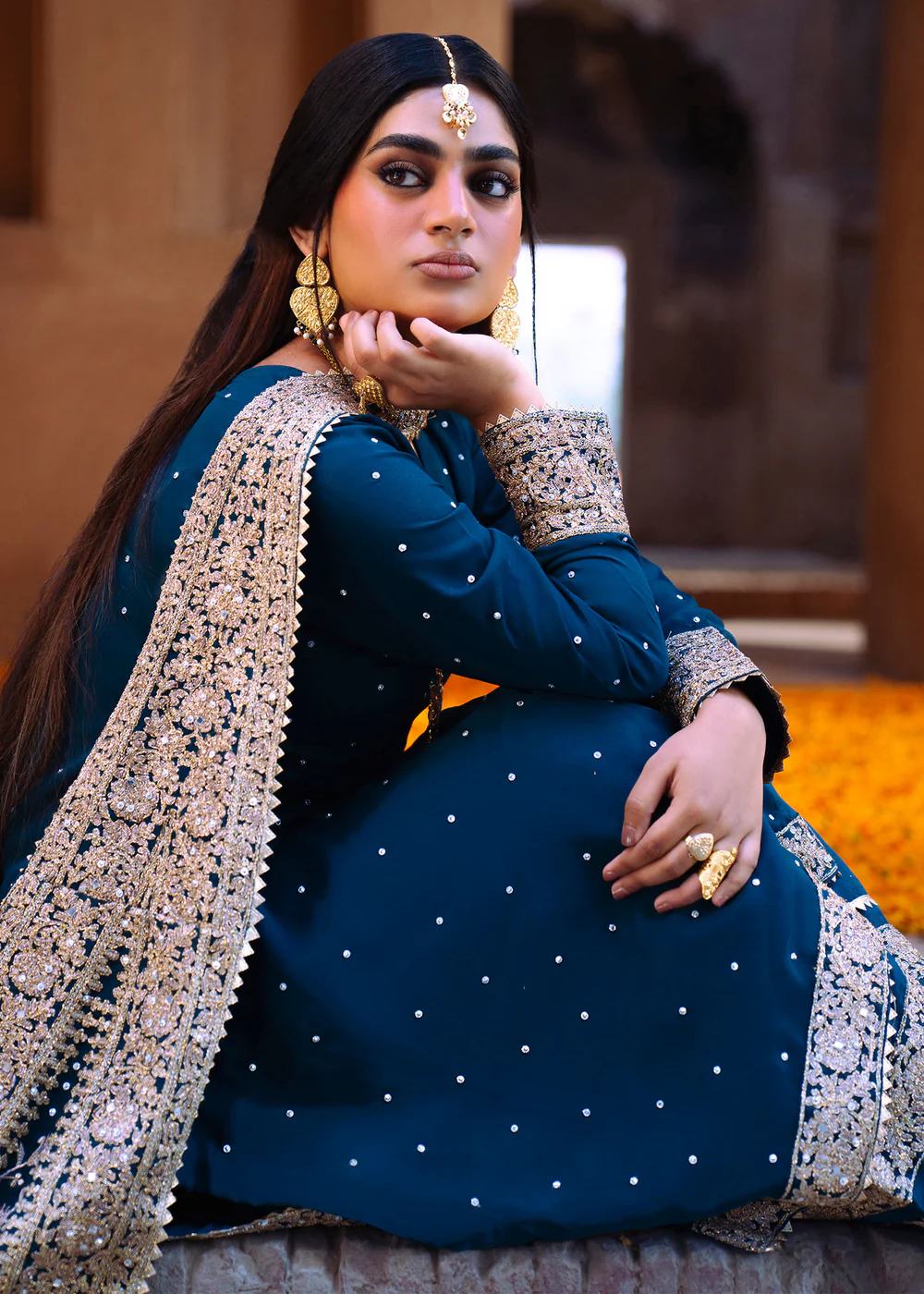 Cobalt Blue Embroidered Chiffon 3Pc Formal Suit - Image 2