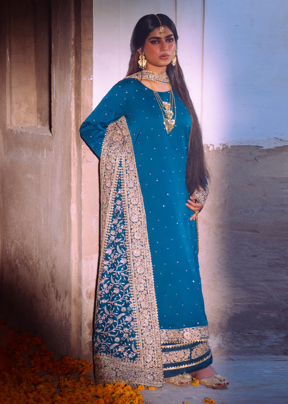 Cobalt Blue Embroidered Chiffon 3Pc Formal Suit - Image 9