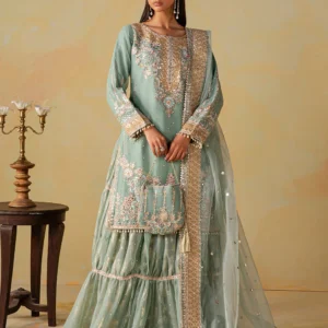 Sea Green Embroidered Chiffon Gharara 4Pc Suit