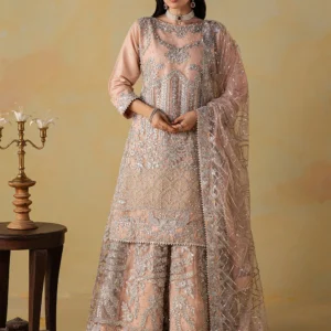 Peach Pink Embroidered Net Gharara 3Pc Formal Suit