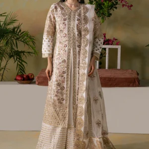 Off White Embroidered Kurta Palazzo Chiffon Set