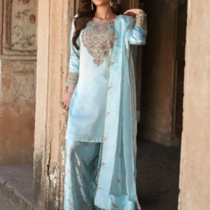 Ice Blue PK Silk Short Kurta Shalwar Formal Suit