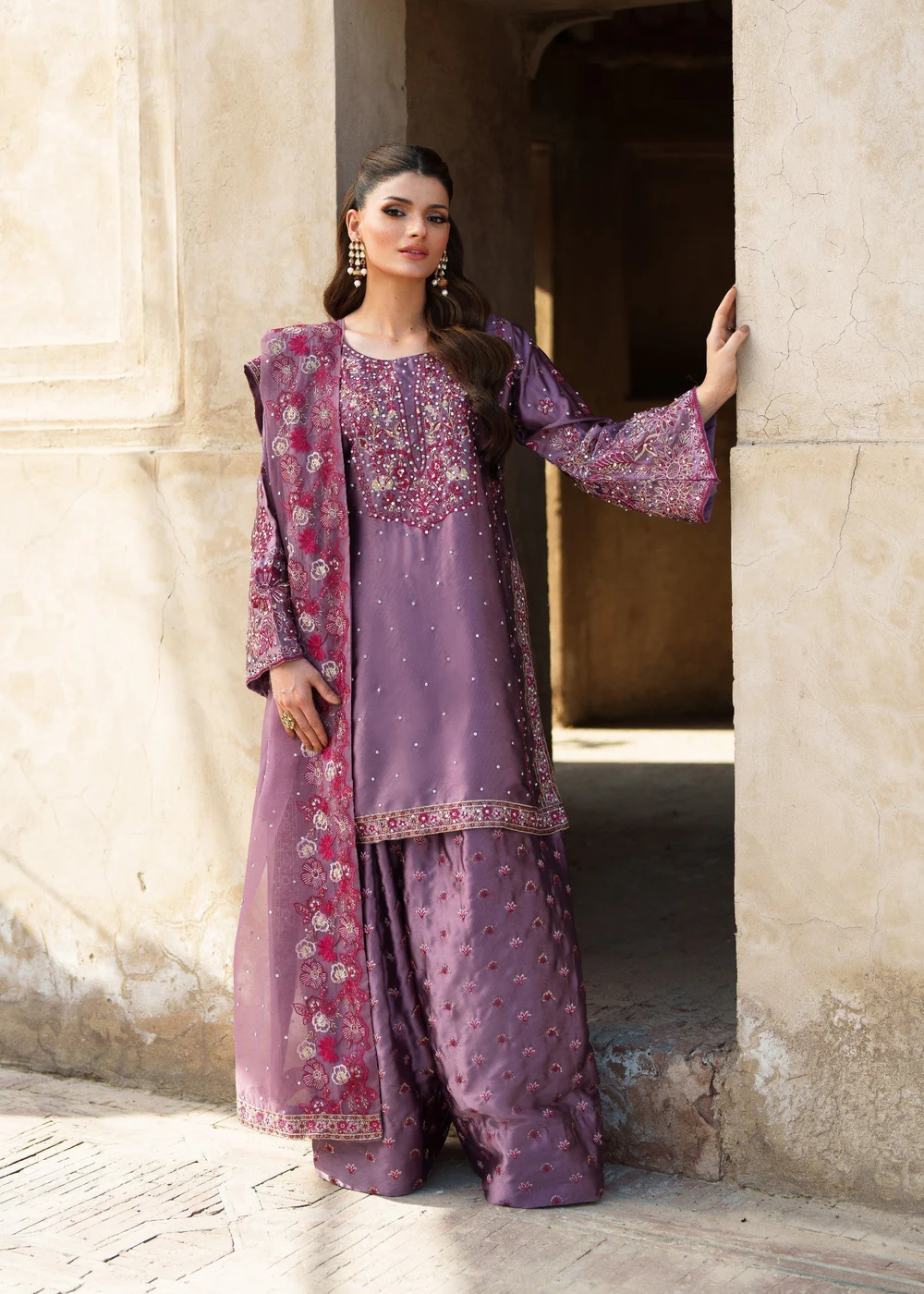 Purple Silk Formal Kurta Set with Organza Dupatta - Image 5
