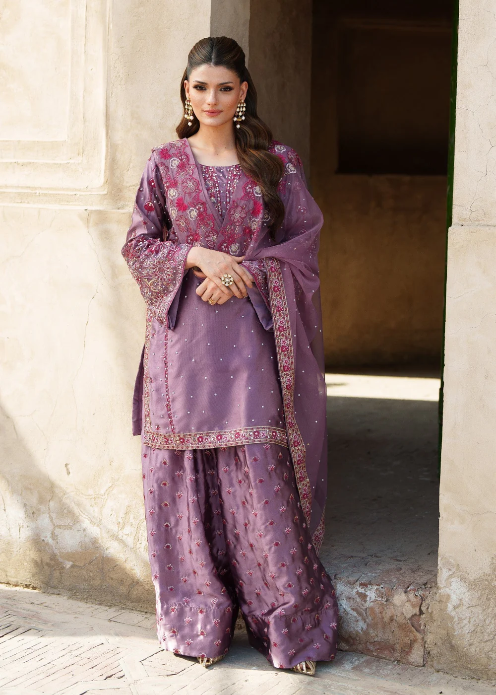 Purple Silk Formal Kurta Set with Organza Dupatta - Image 3