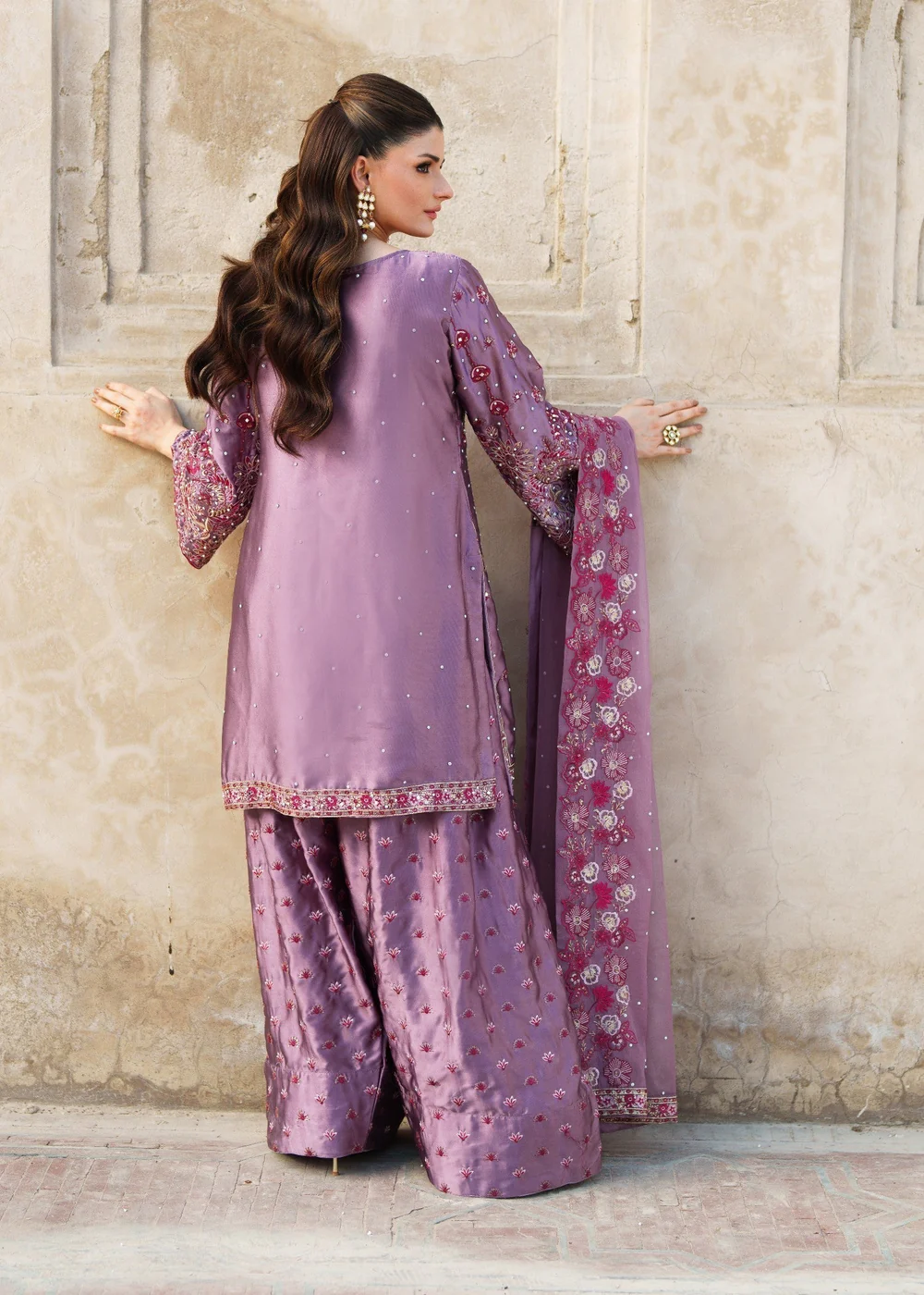 Purple Silk Formal Kurta Set with Organza Dupatta - Image 2