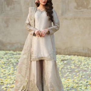 Beige Silk Charmeuse Crush Sharara Party Wear Set