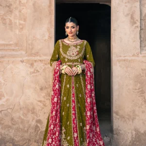 Olive Green Silk Festive Maxi With Red Dupatta