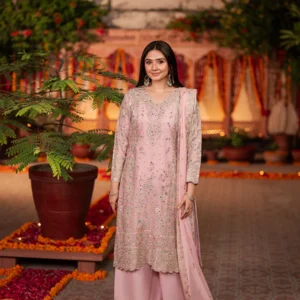 Blush Pink Chiffon Zari Embroidered Formal Suit