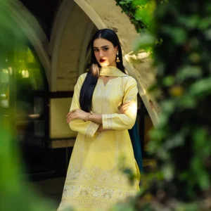Lemon Festive Lawn 3PC Suit with Teal Dupatta Set Outfit