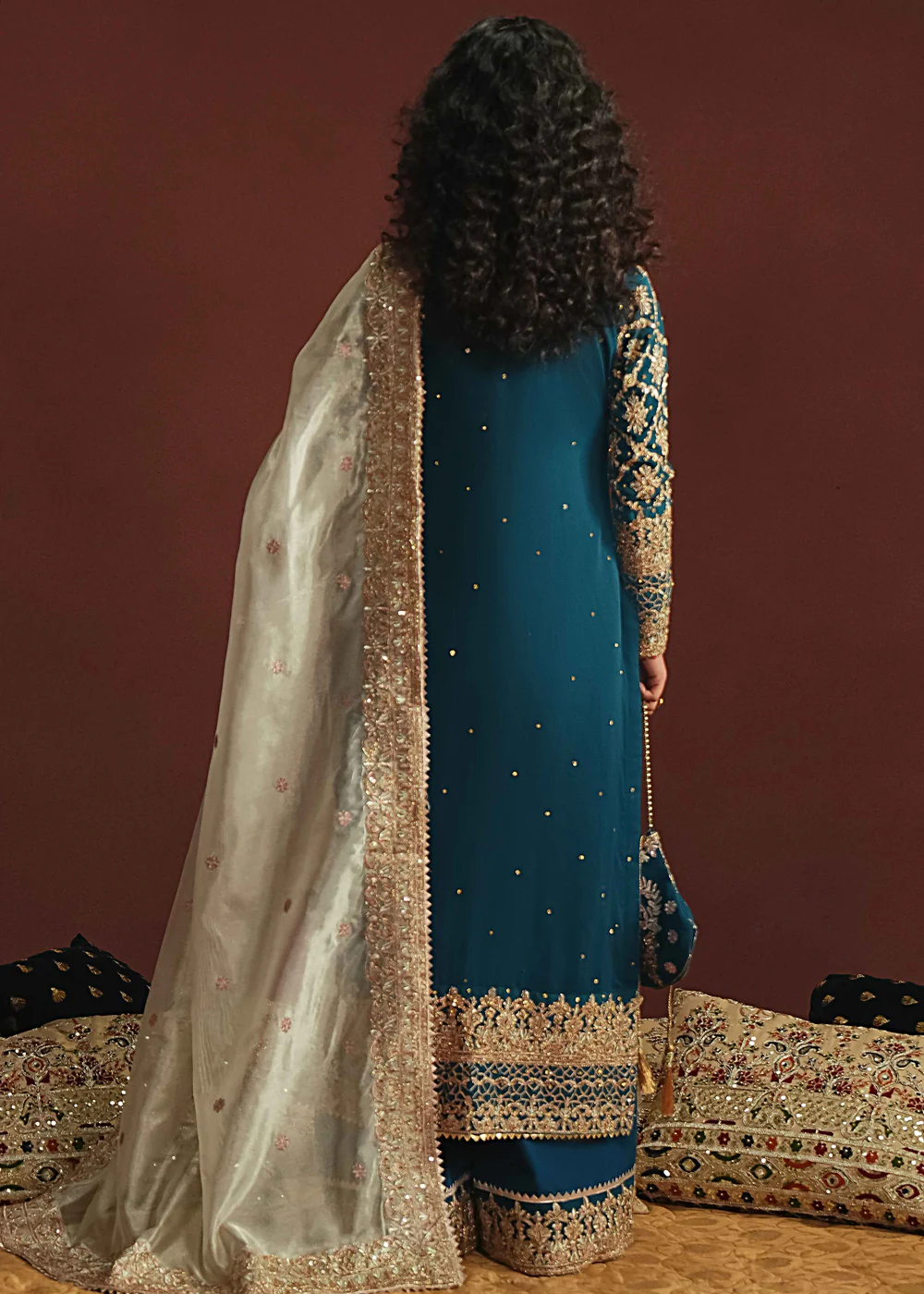 Teal Chiffon Straight Kurta Formal 4Pc Suit - Image 2